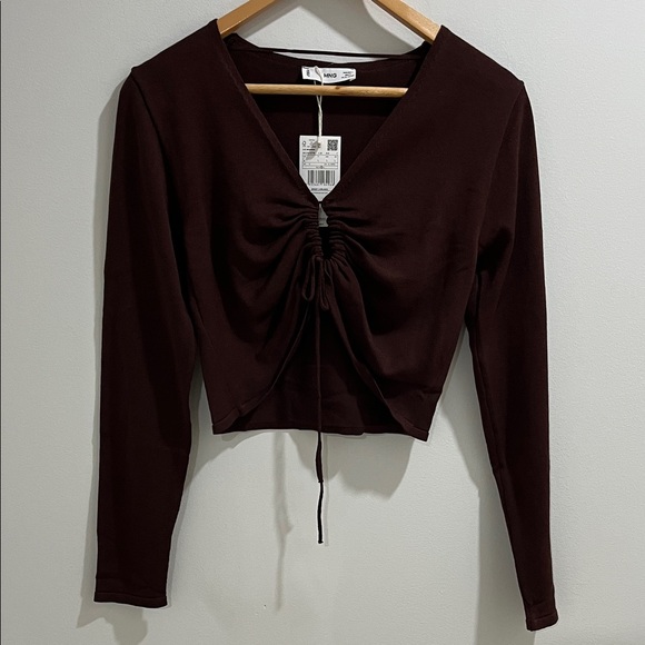 NWT Mango MNG Women’s Knit Top Large Chocolate Brown Tie Front Cardigan Cropped - Picture 2 of 8